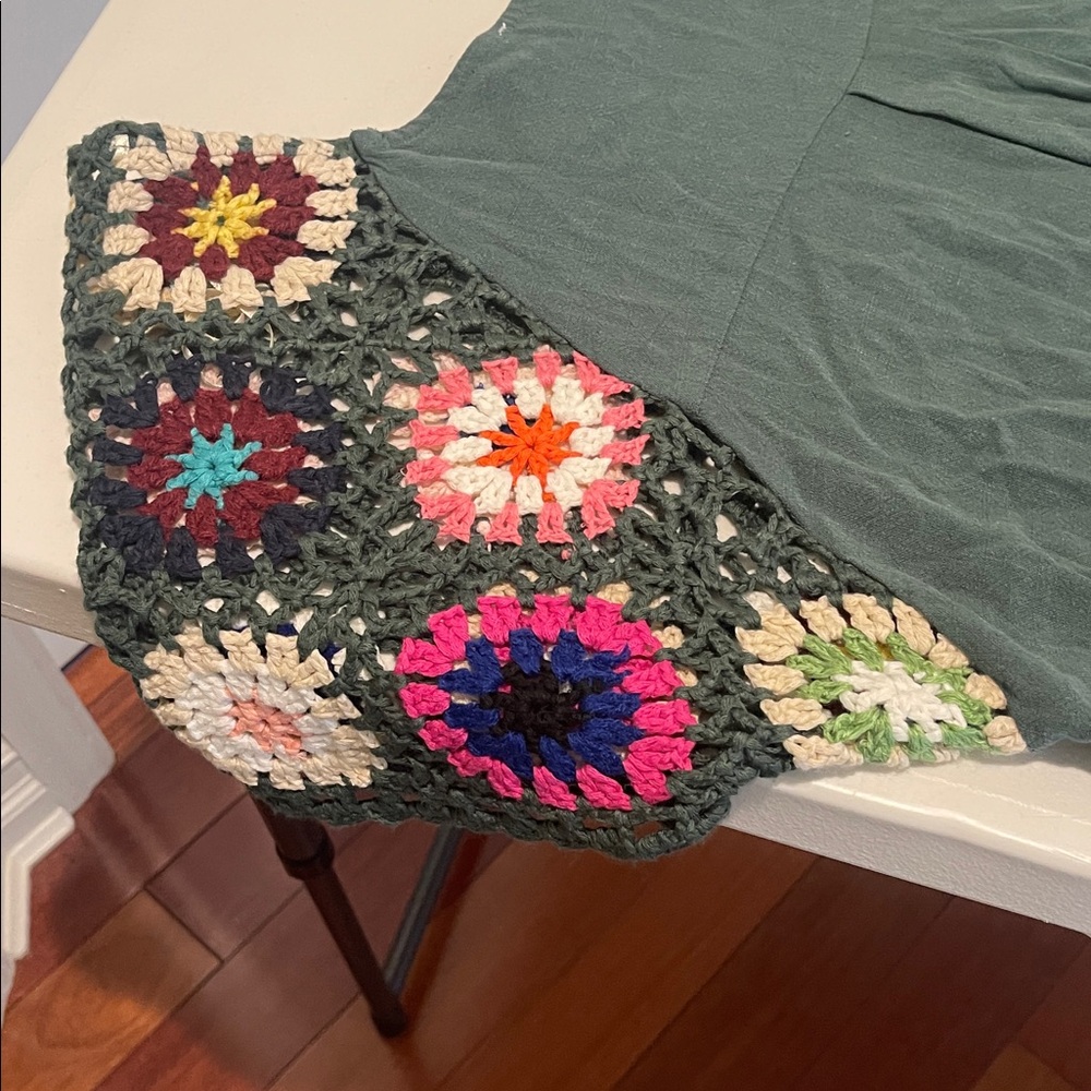 Hippy 70s Retro Crochet Linen Blend Top Granny Square Crochet Sleeves Size Small - Picture 9 of 14